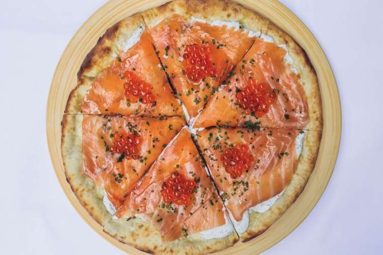 Spago's delicious house-smoked salmon pizza