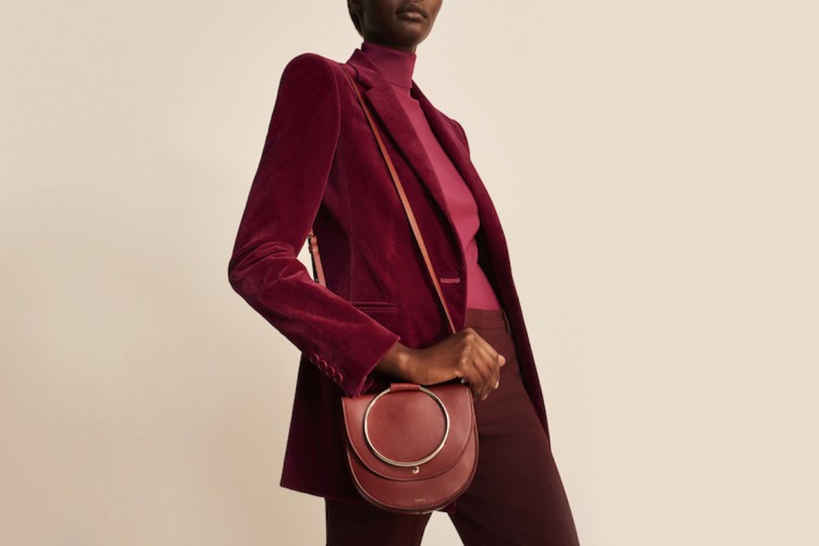 Velvet Power Jacket in Electric Pink, Silk Combo Turtleneck Shirt in Electric Pink , Stretch Velvet Tux Pant in Electric Pink, Whitney Bag in Brick Red Leather