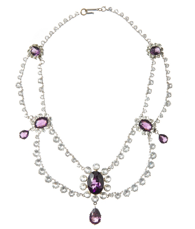 Scarlett OHara's double-stranded iridescent stone necklace in bezel setting, with eight simulated amethyst stones worn by Vivien Leigh in Gone with the Wind, MGM, 1939. 