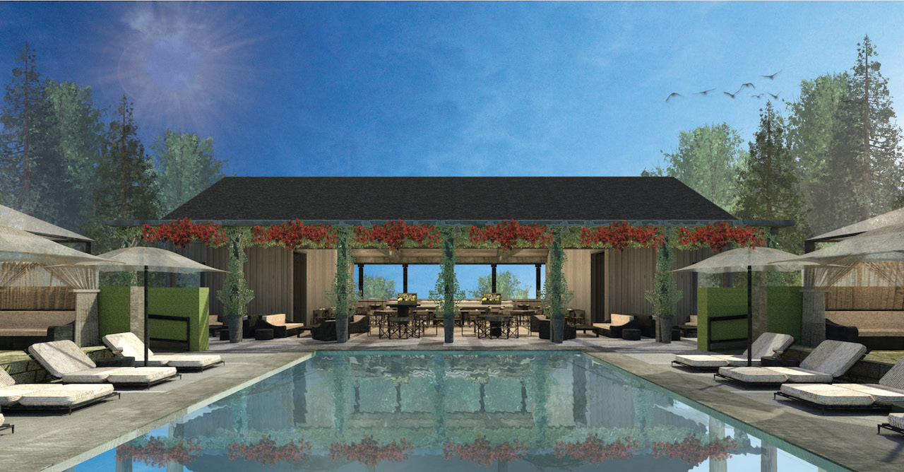 A rendering of the adult pool, pool bar and café