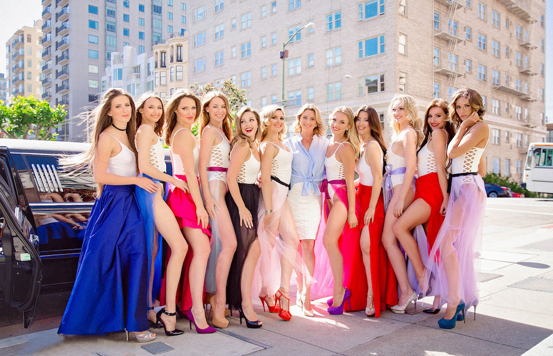 The contestants for Miss Russian San Francisco 2017 pose with the founder Karina Zakharov, center in white skirt and perwinkle top. 