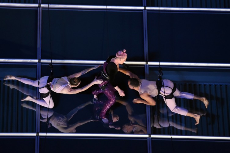 P!nk performs on the side of the JW Marriott Los Angeles