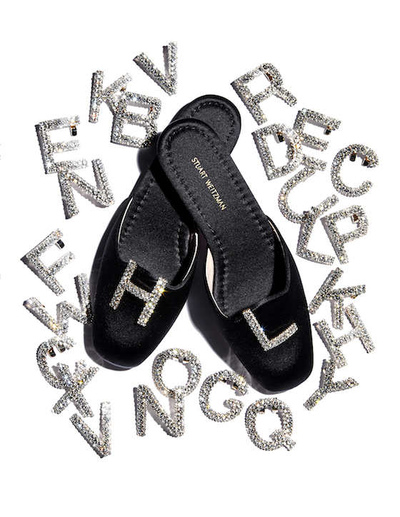 Black satin muletown, $398 and the crystal letter clips are $125 each