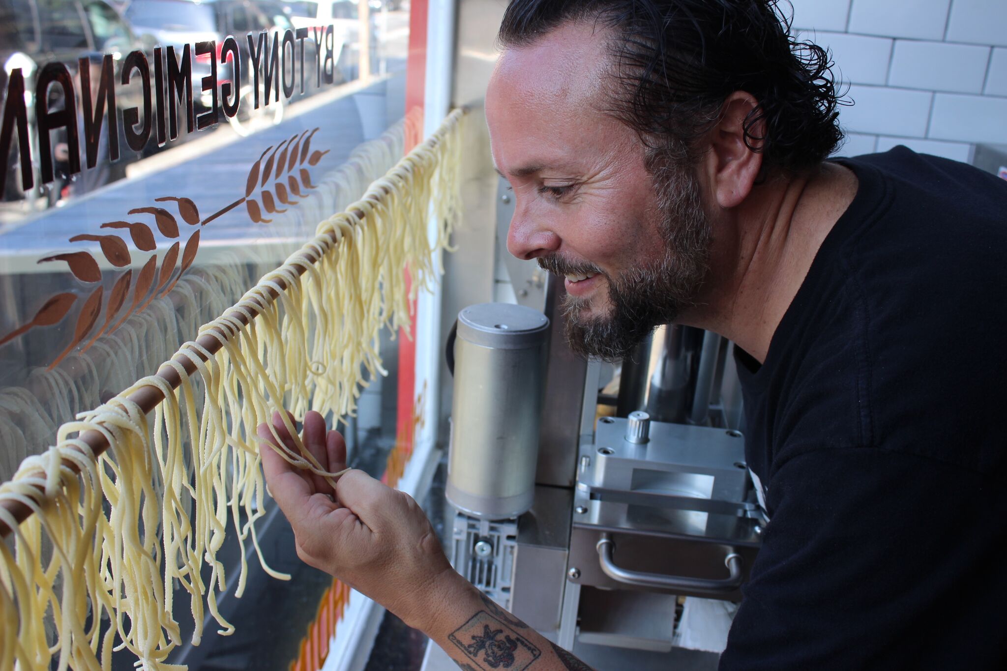 Gemignani checks on the drying pasta