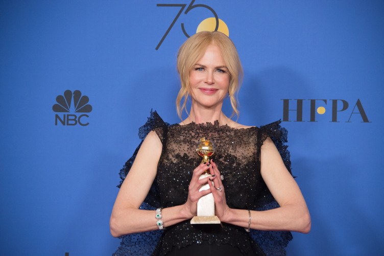 After winning the category of BEST PERFORMANCE BY AN ACTRESS IN A LIMITED SERIES OR A MOTION PICTURE MADE FOR TELEVISION for her role in "Big Little Lies," actress Nicole Kidman poses backstage in the press room with her Golden Globe Award at the 75th Annual Golden Globe Awards at the Beverly Hilton 