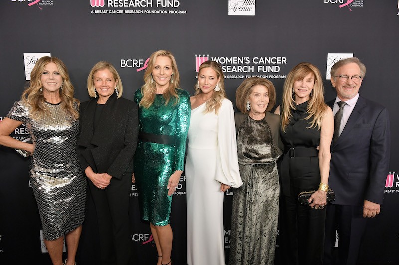 (L-R) Honorary chair Rita Wilson, WCRF Co-Founders Kelly Chapman Meyer, Jamie Tisch, Quinn Ezralow and Marion Laurie, Kate Capshaw and Steven Spielberg attend WCRF's "An Unforgettable Evening" Presented by Saks Fifth Avenue 