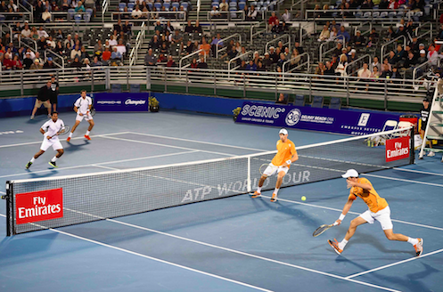 The Bryan Brothers (foreground) playing Leander Paes (India) and Jeremy Chardy (France)