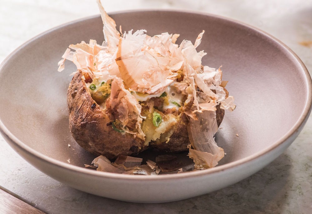 The loaded baked potato covered in shaved bonito