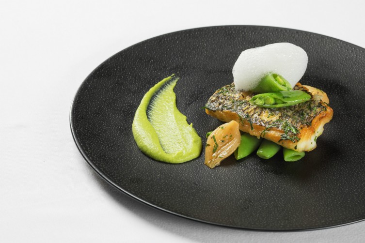 Black Bass with Spring Legumes