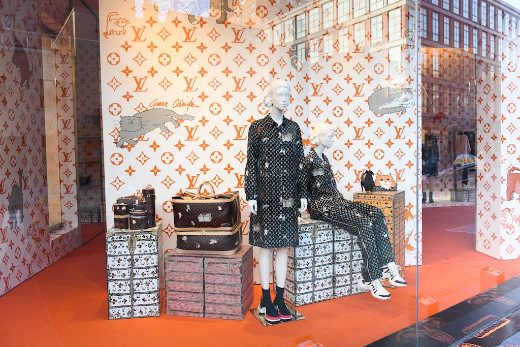 A cat-themed collaboration between he Louis Vuitton and fashion editor  Grace Coddington opens a pop-up store in the trendy Meatpacking District in  New York on Friday, October 26, 2018. Featuring Coddington's illustrations