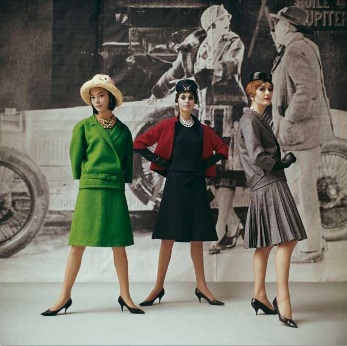  Dior fashion models wearing "Vert gazon," "Gavroche," and "Flirt" ensembles (Spring-Summer Haute Couture collection, Slim Look line), 1961.