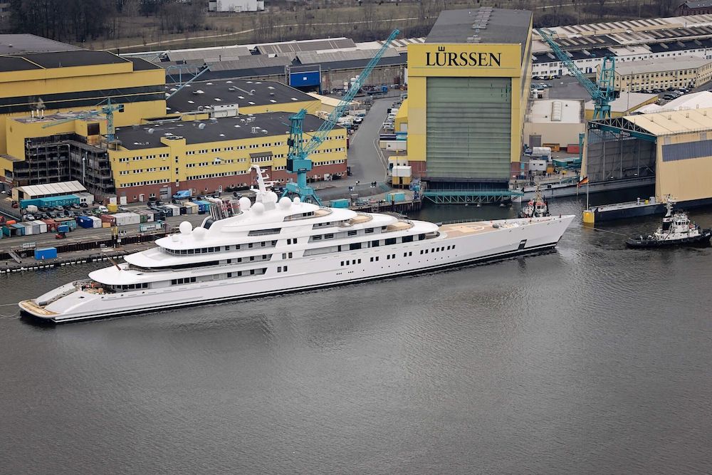 The largest yacht in the world, the 180-meter Azzam, at Lürssen’s shipyard 