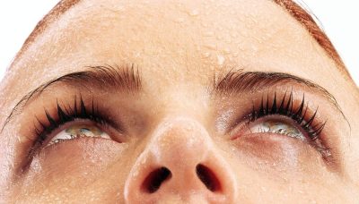 sweaty model face upword closeup