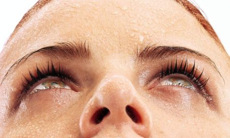 sweaty model face upword closeup