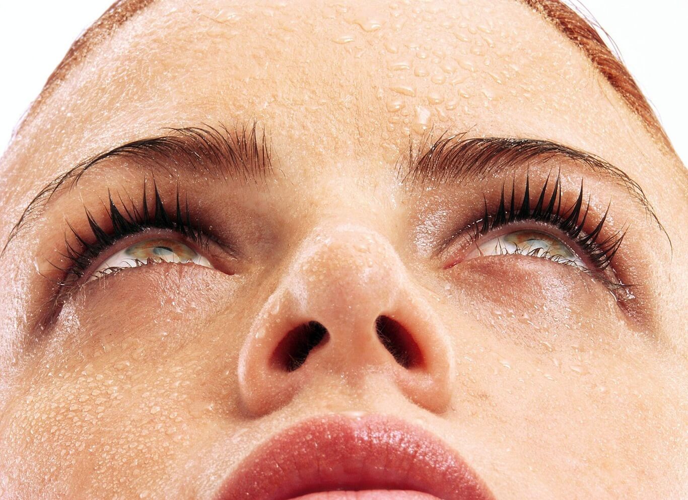 sweaty model face upword closeup