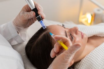 caucasian girl undergoes scalp treatment to stimulate hair regrowth using microneedling dermapen and vitamin injections