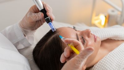 caucasian girl undergoes scalp treatment to stimulate hair regrowth using microneedling dermapen and vitamin injections