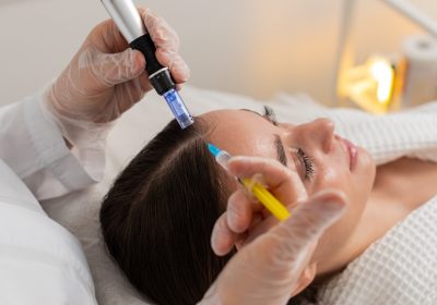 caucasian girl undergoes scalp treatment to stimulate hair regrowth using microneedling dermapen and vitamin injections