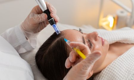 caucasian girl undergoes scalp treatment to stimulate hair regrowth using microneedling dermapen and vitamin injections