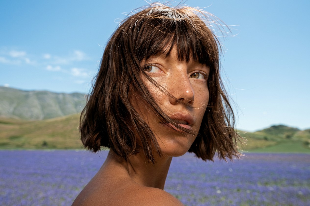 Model posing near flowers fields