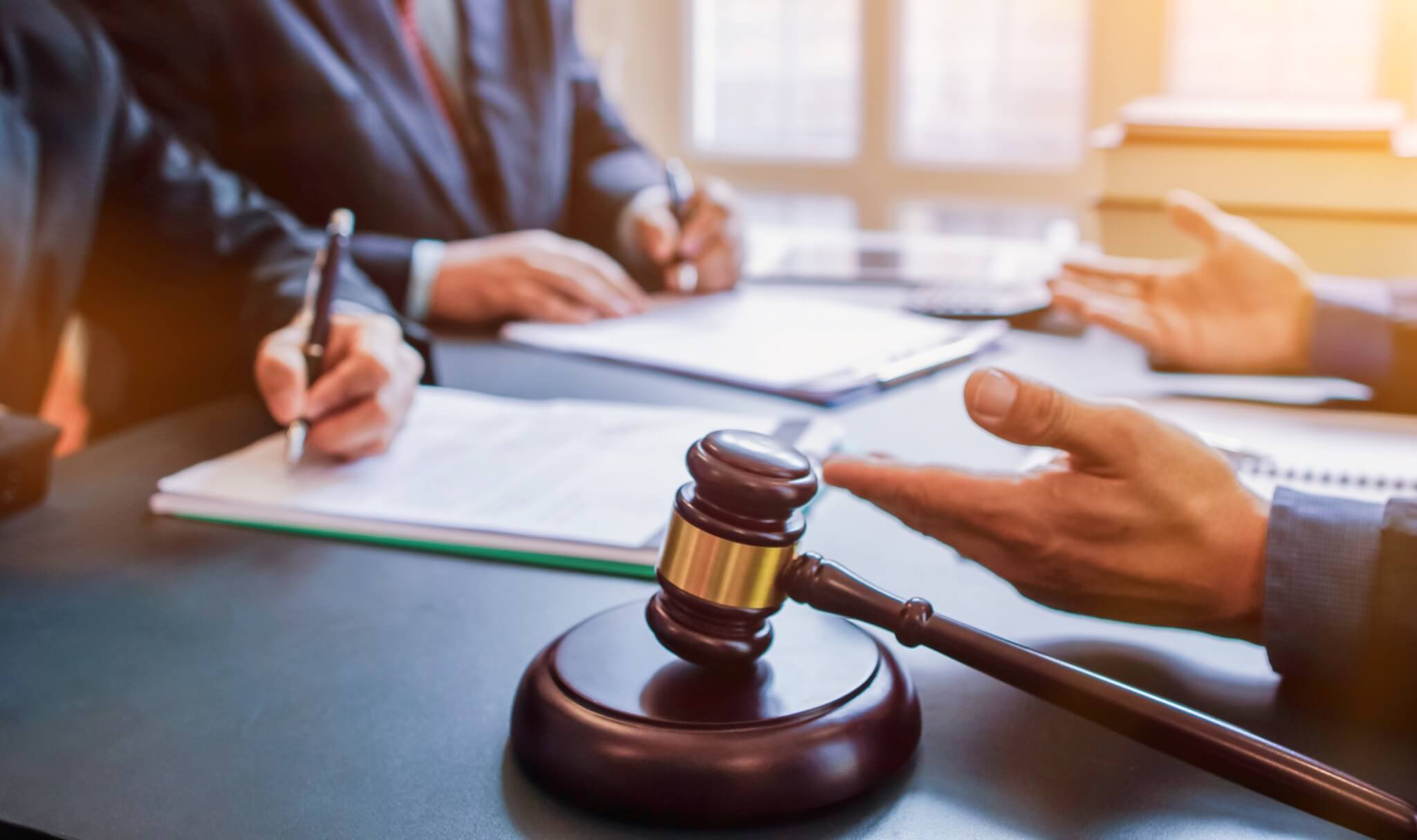 Judge gavel is placed on table in office of lawyer team It is gavel used as symbol of making decision in court case with fairness and ethics