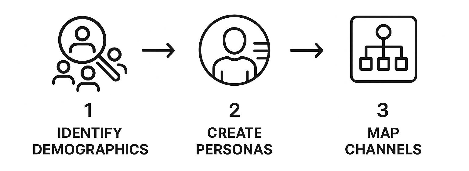 Infographic about identify demographics, create personas and map channels