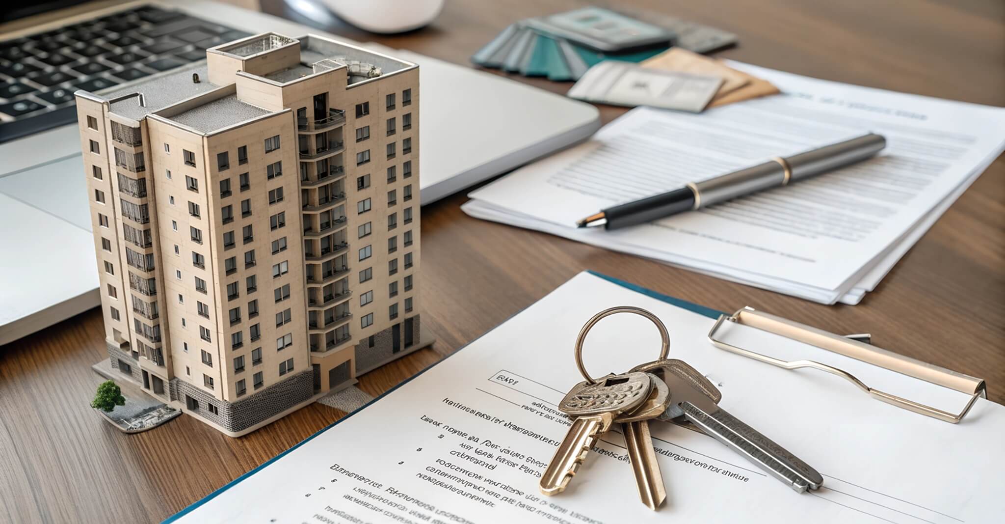 real estate transaction concept featuring a miniature apartment building, house keys, and signed documents on a wooden desk