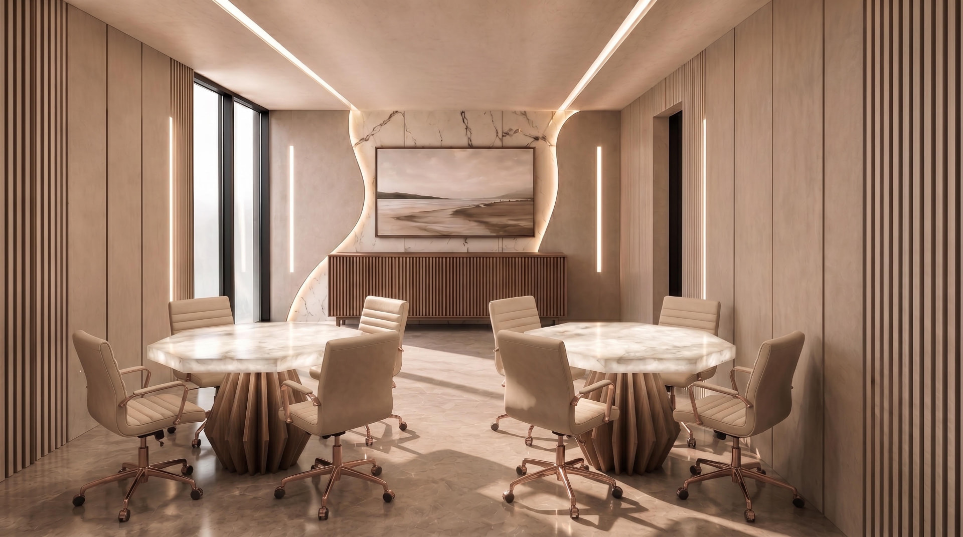Boardroom with backlit stone feature wall, linear cove lighting and acoustic wood paneling