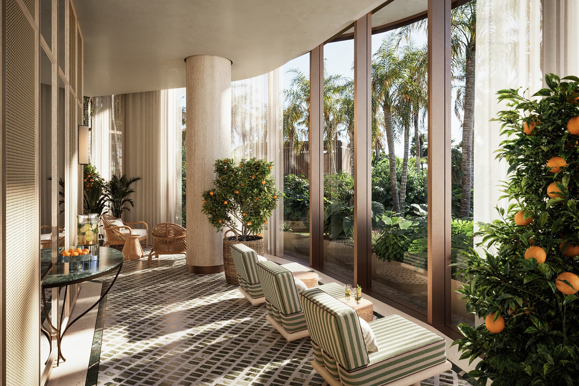 The Orangerie at Waldorf Astoria Residences Sarasota with citrus trees and striped lounge chairs