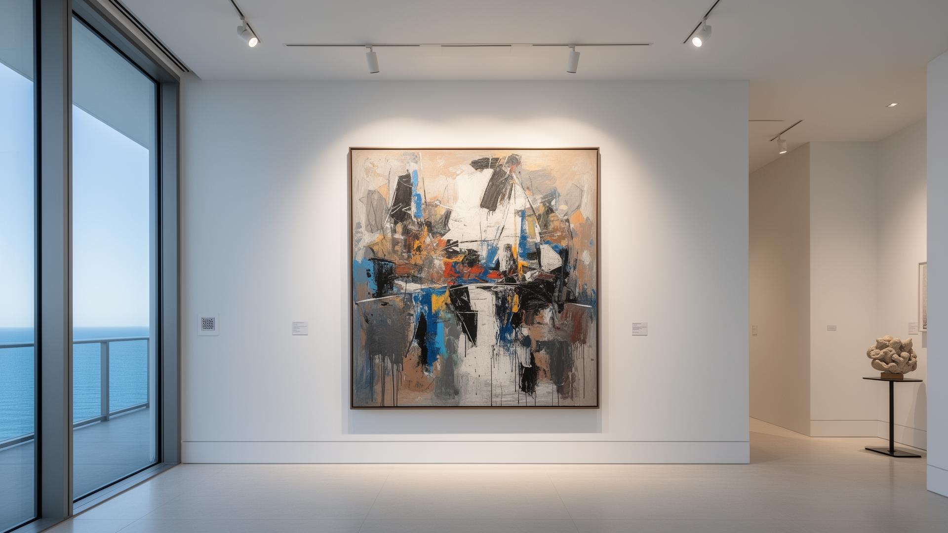 Large abstract painting illuminated by gallery track lighting in an oceanfront luxury residence