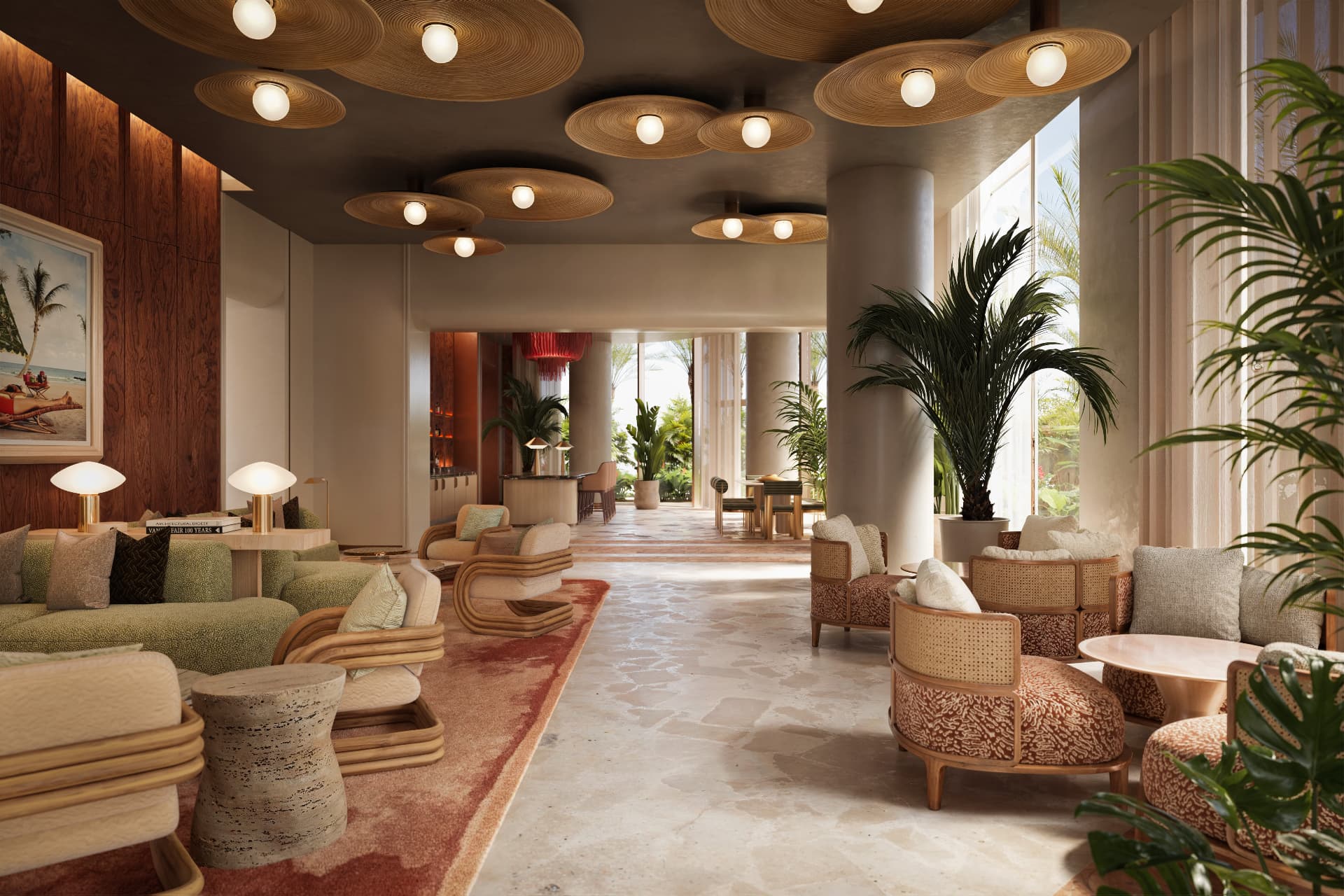 Peacock Alley lounge at Waldorf Astoria Residences Sarasota with woven ceiling fixtures and garden views