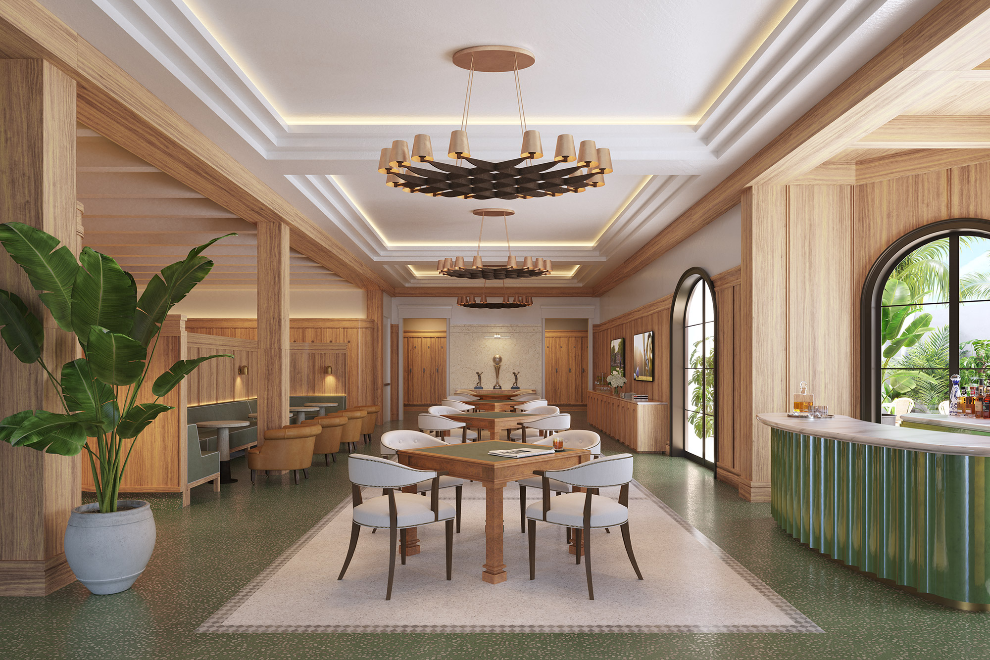 Shell Bay members lounge interior with card tables, bar and chandeliers