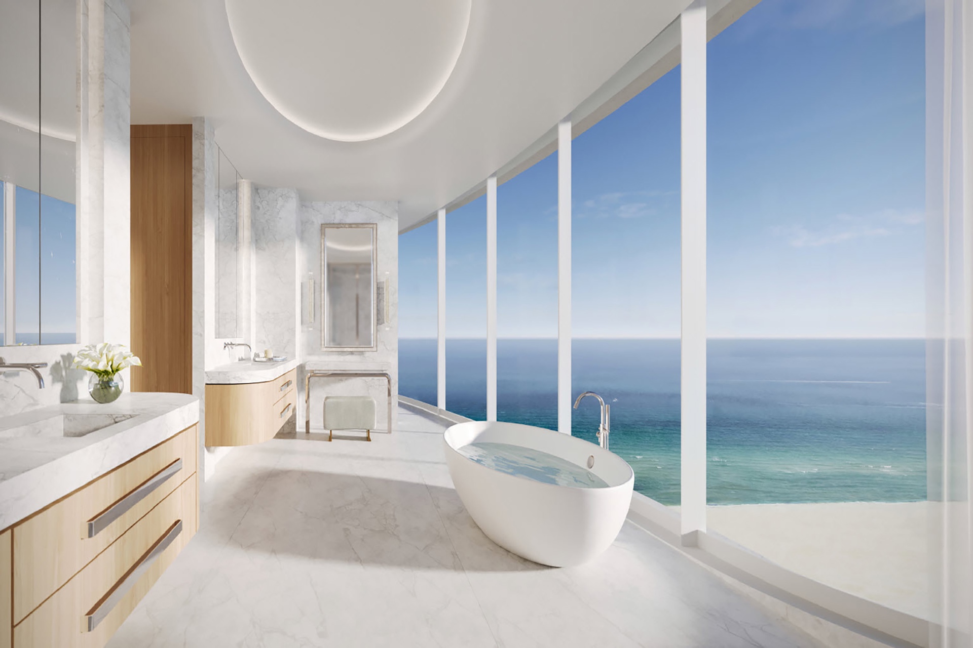 Rendering of a Shore Club Private Collection primary bathroom with floor-to-ceiling oceanfront glass