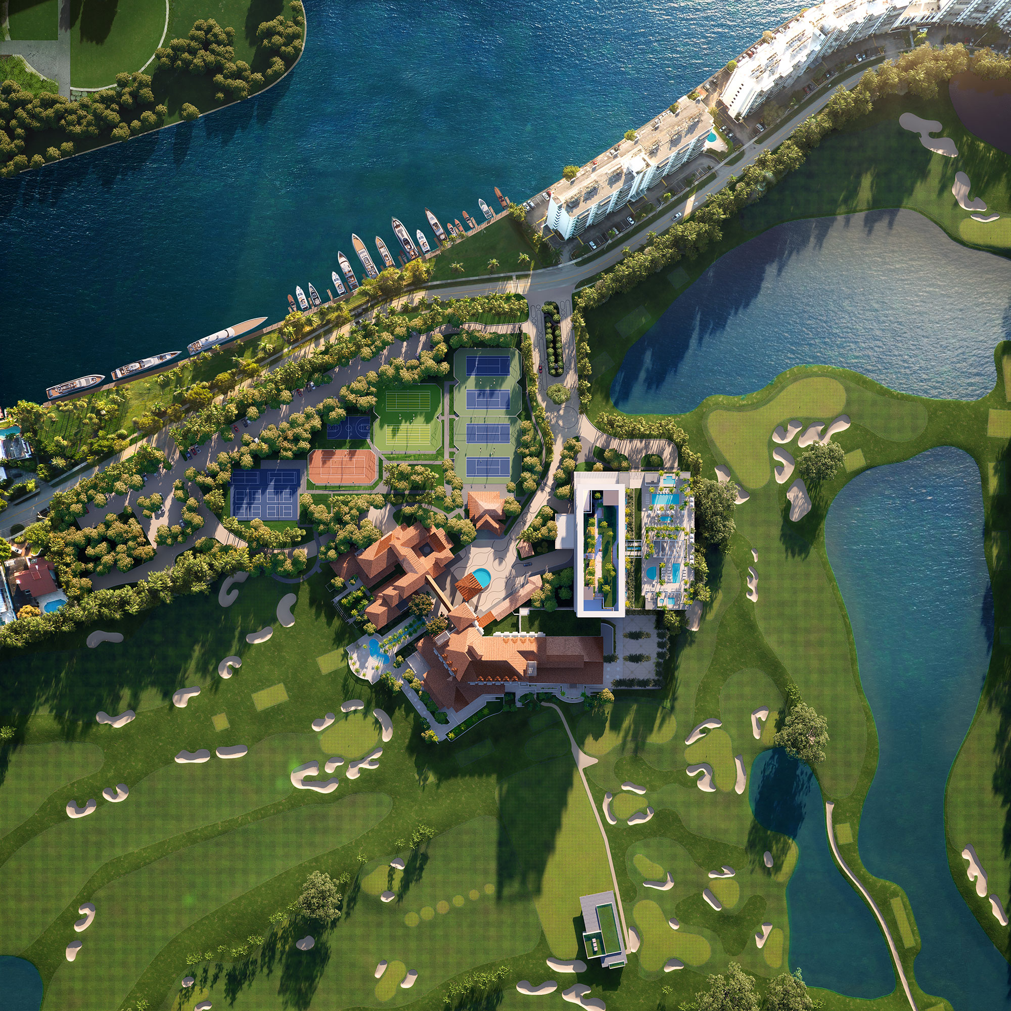 Aerial overhead view of Shell Bay showing golf course, marina, tennis and residential tower