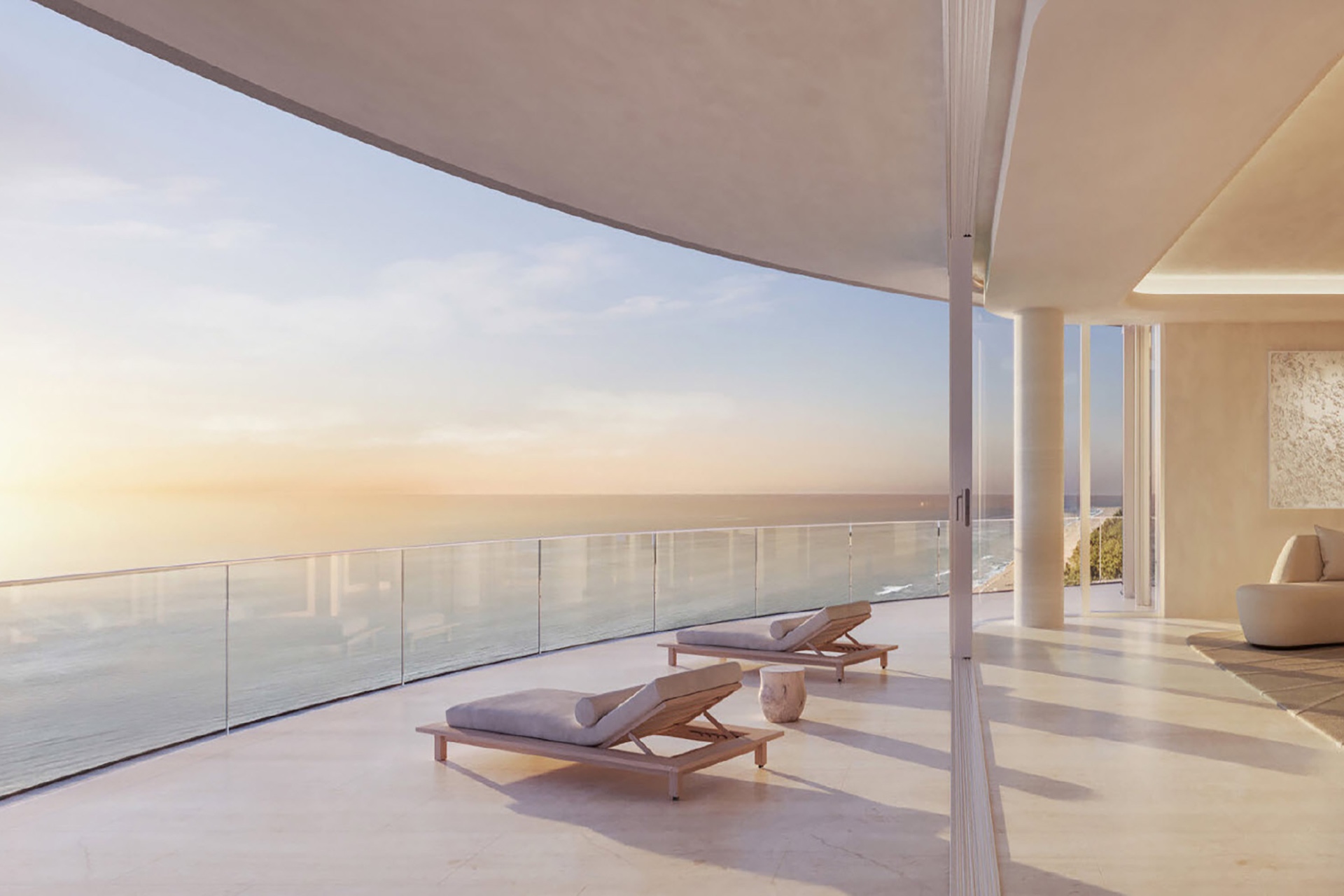 Rendering of a Shore Club Private Collection oceanfront terrace at sunset
