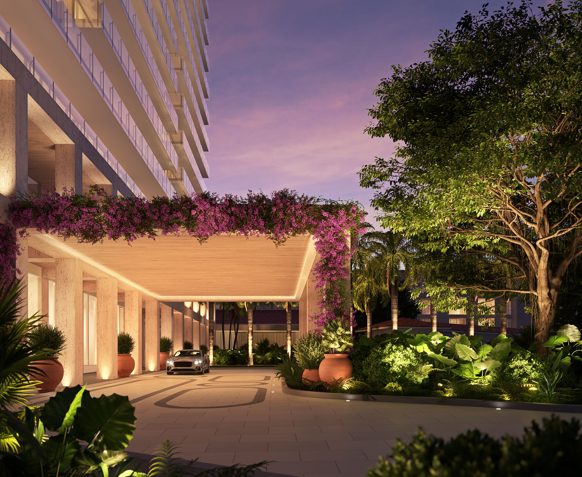 Shell Bay residential porte-cochere at twilight with bougainvillea and Bentley