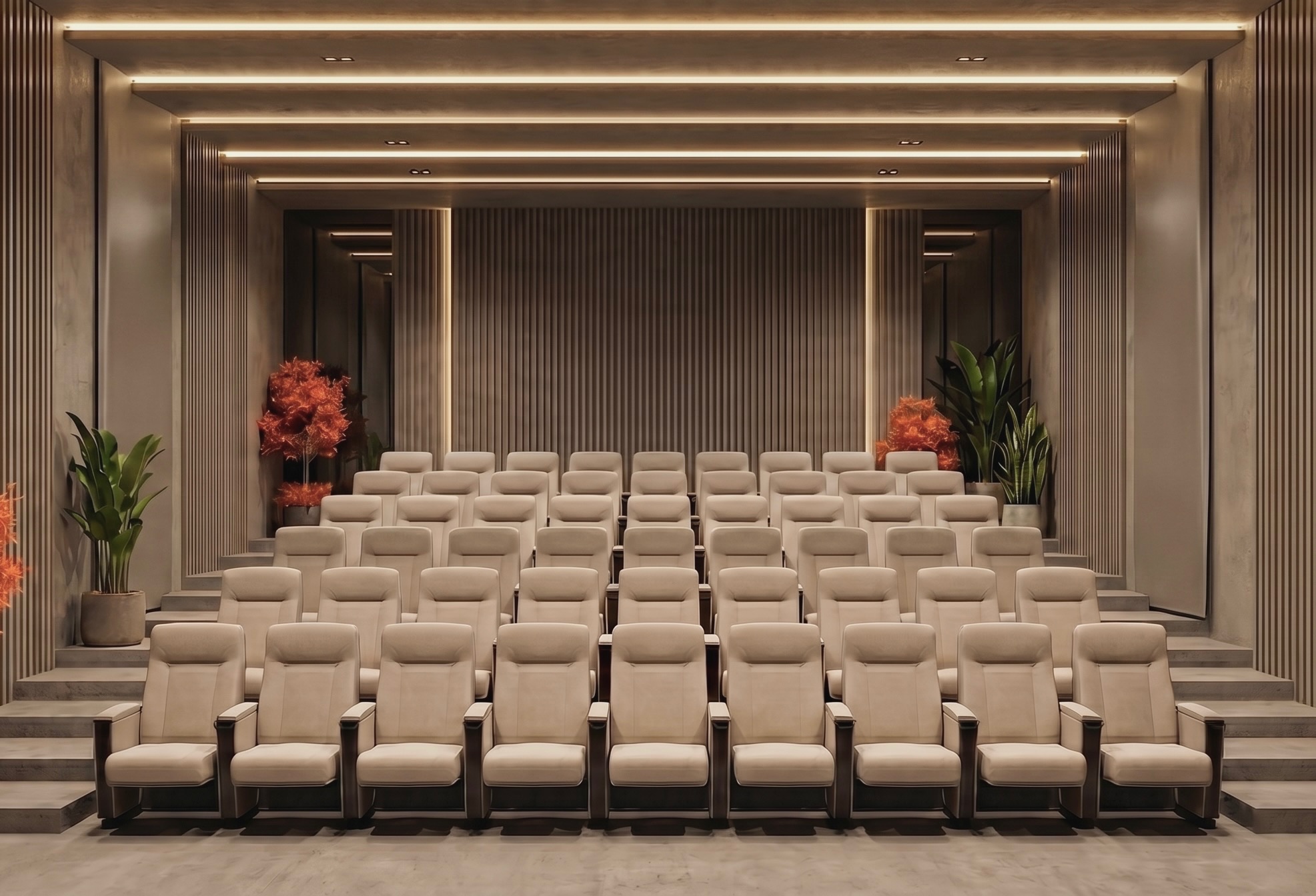 Private screening room with acoustic wall treatment and integrated linear lighting