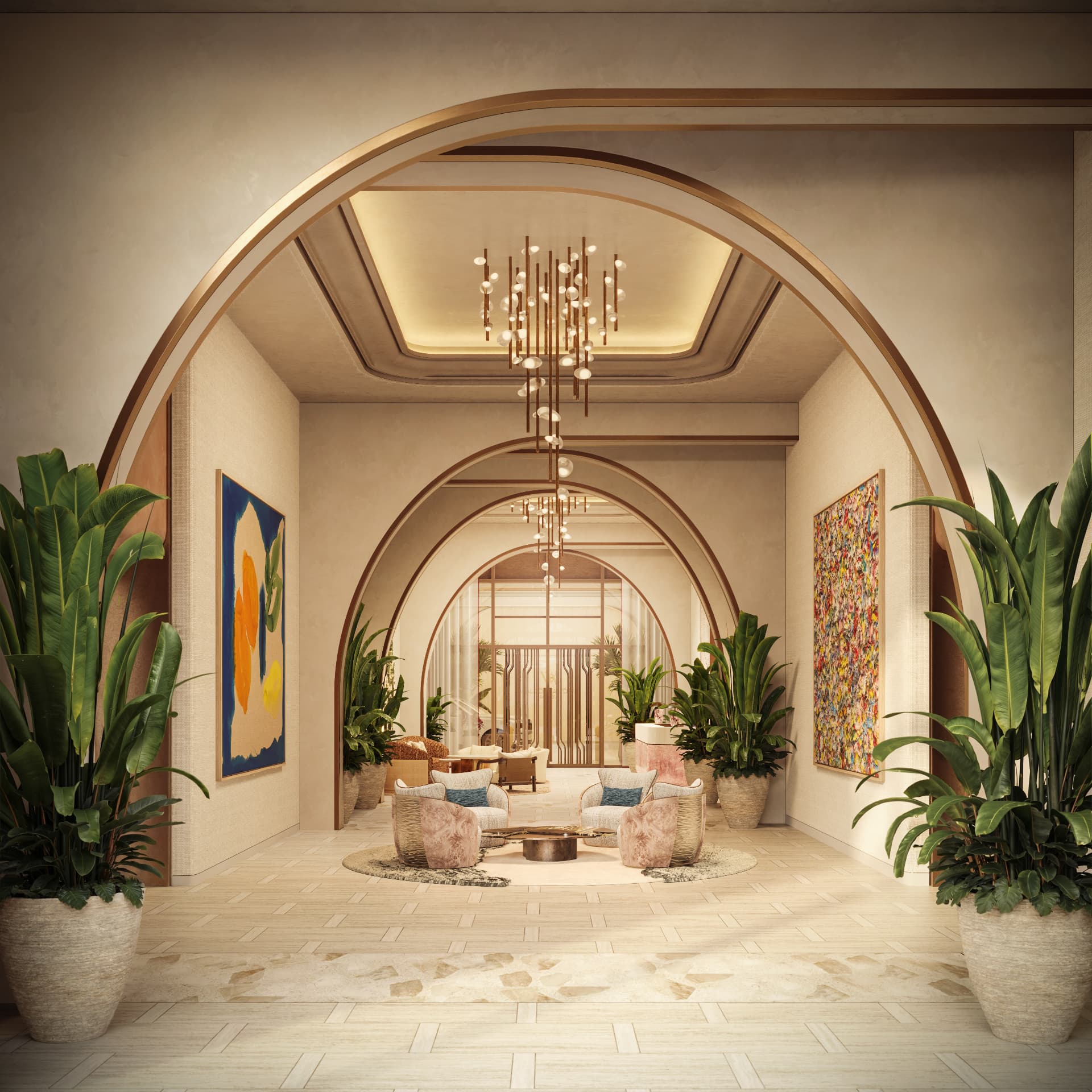 Arched lobby corridor at Waldorf Astoria Residences Sarasota viewed from the porte-cochère