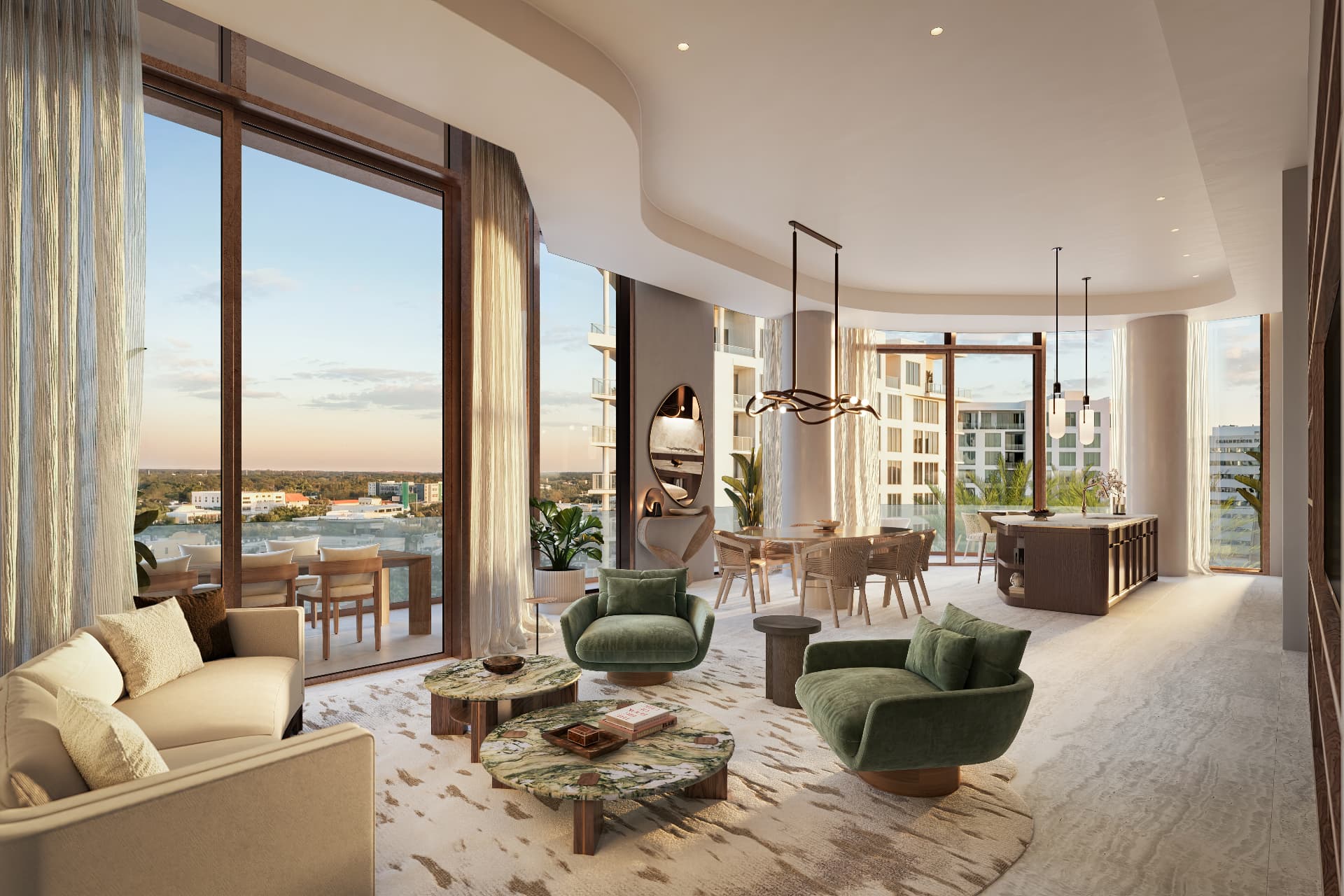 Living and dining area of Residence 803 at Waldorf Astoria Residences Sarasota with floor-to-ceiling windows at sunset