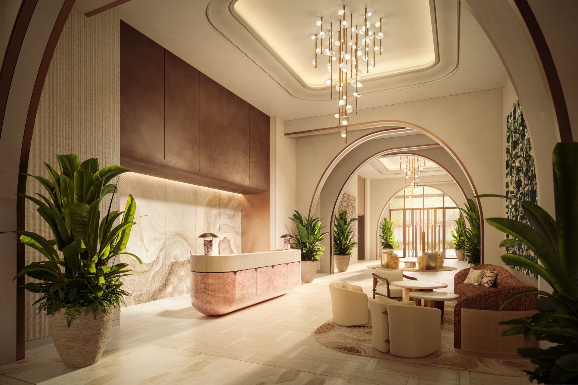 Onyx-clad reception desk beneath a sculptural chandelier in the Waldorf Astoria Residences Sarasota lobby