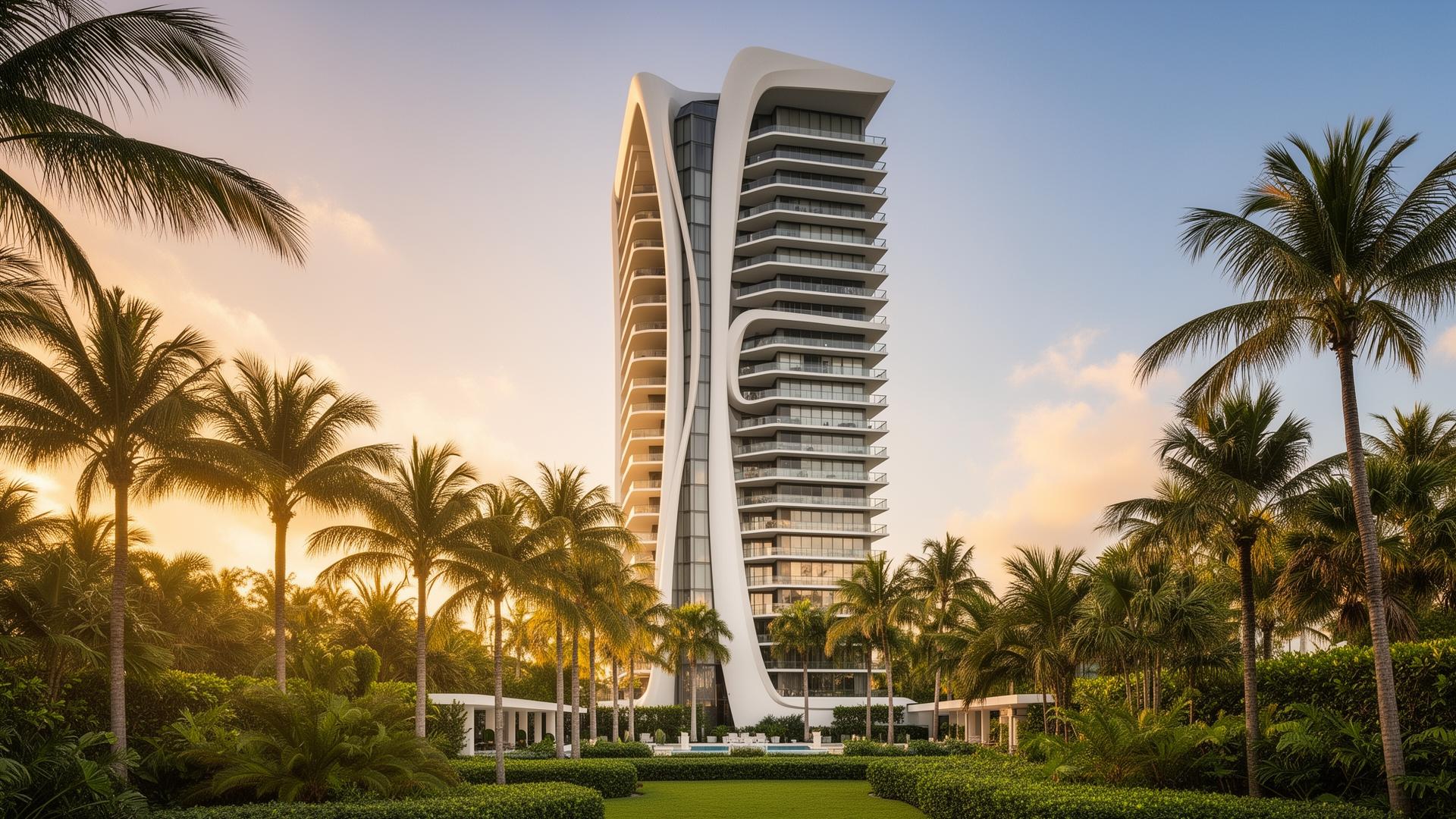 Sculptural luxury residential tower in Miami Beach surrounded by tropical landscape at golden hour