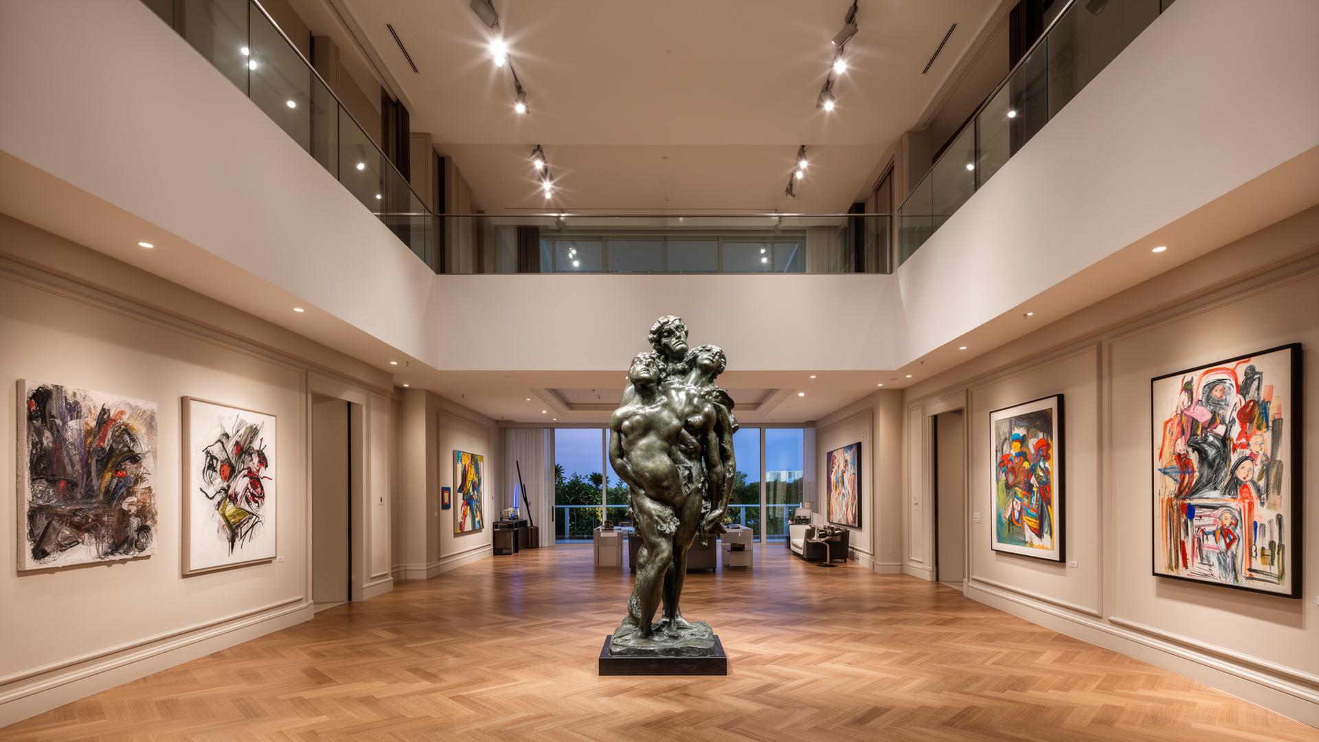 Double-height penthouse gallery with bronze sculpture and contemporary paintings under directional lighting