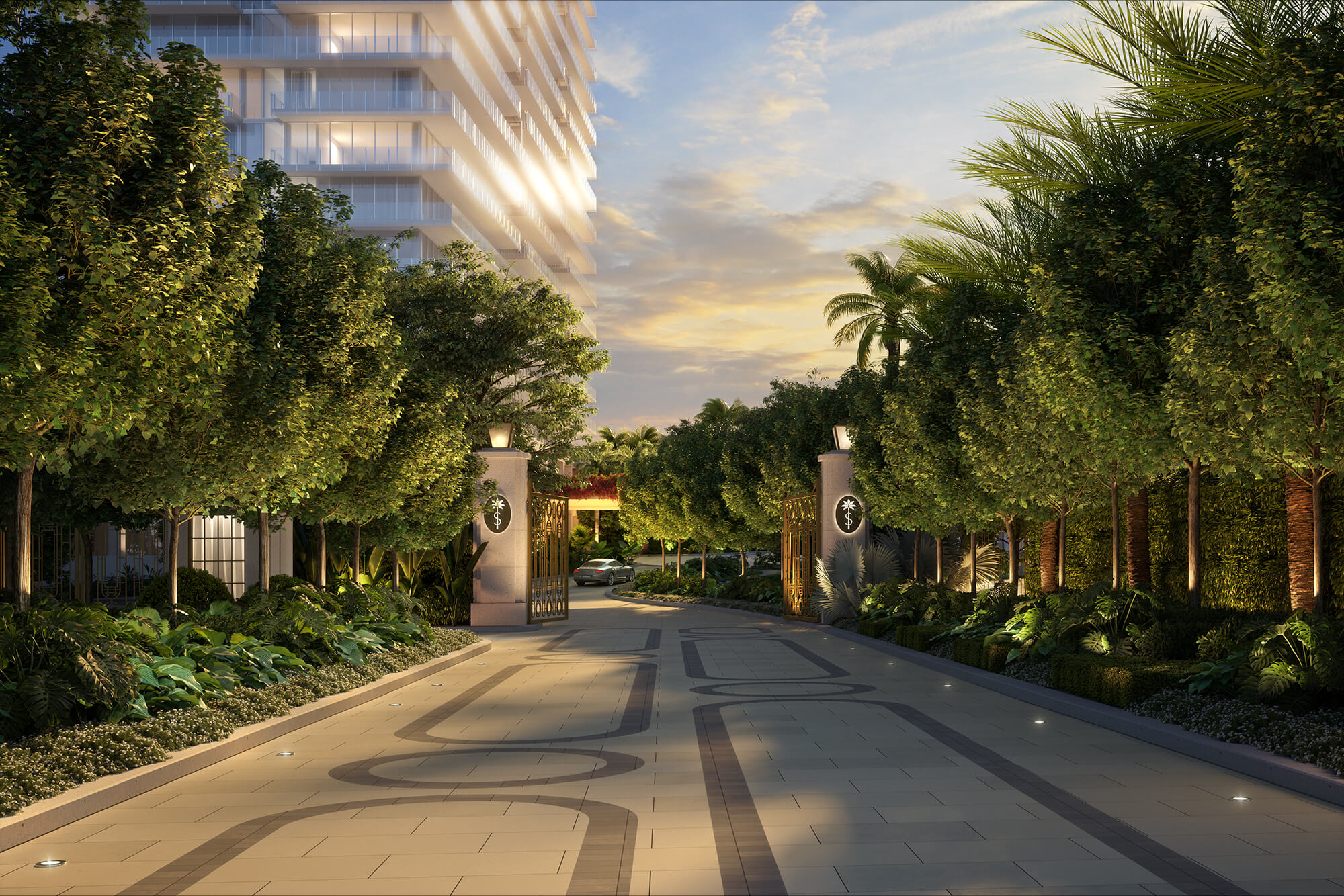 Shell Bay Residences gated entrance and arrival drive at dusk