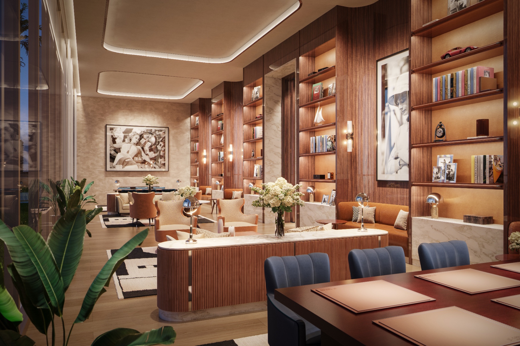 Luxury branded residence library and lounge amenity