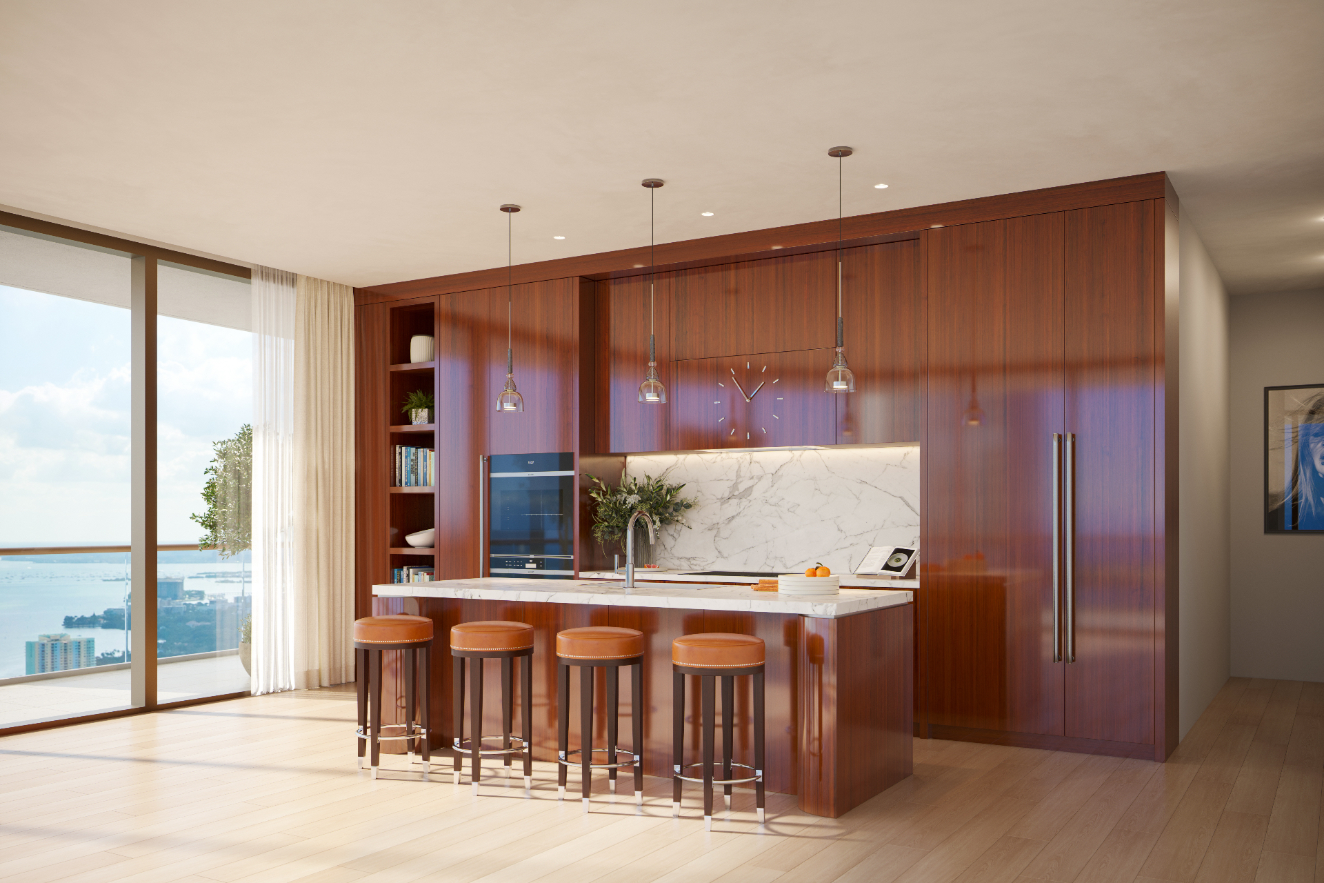 619 Brickell residence kitchen with custom millwork, marble backsplash, and bay-view bar seating