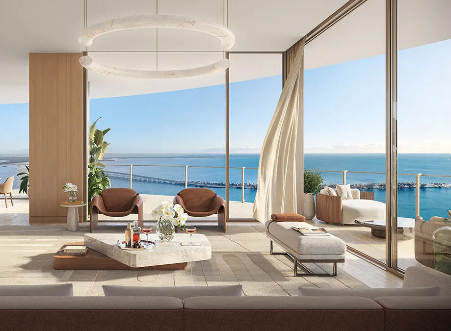 619 Brickell residence living room with floor-to-ceiling glass and Biscayne Bay views