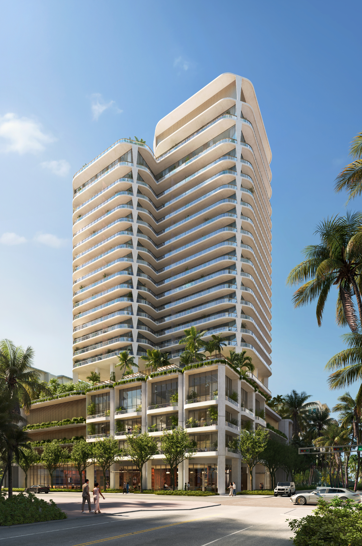 619 Brickell tower exterior with sculpted podium and tropical landscape