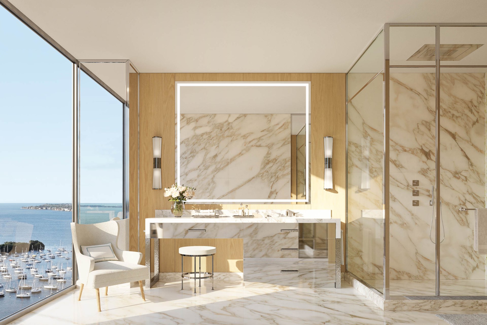 Primary bathroom at Four Seasons Private Residences Coconut Grove — earth-tone limestone, walnut vanity, freestanding tub, palm view