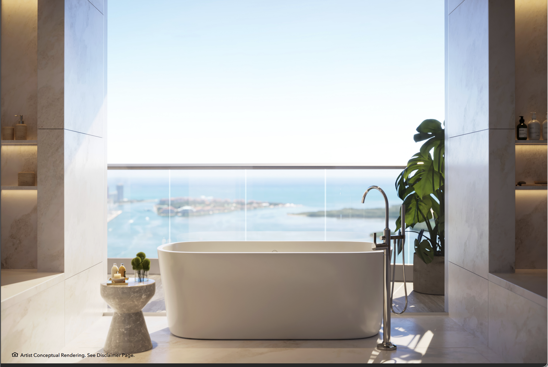 Primary bathroom at The Residences at Mandarin Oriental, Miami — warm stone, freestanding soaking tub, dual rainfall steam showers, skyline view