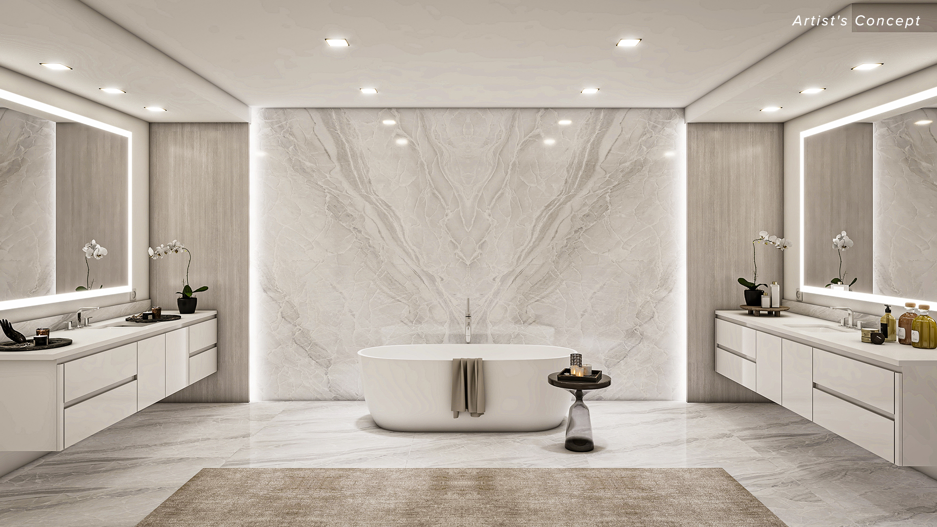 Primary bathroom at The Ritz-Carlton Residences, Palm Beach Gardens — oversized walk-in shower with body sprays and bench, freestanding tub, garden view